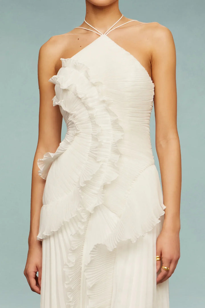Imogen | Women's Pleated Midi Dress with Ruffle Detail