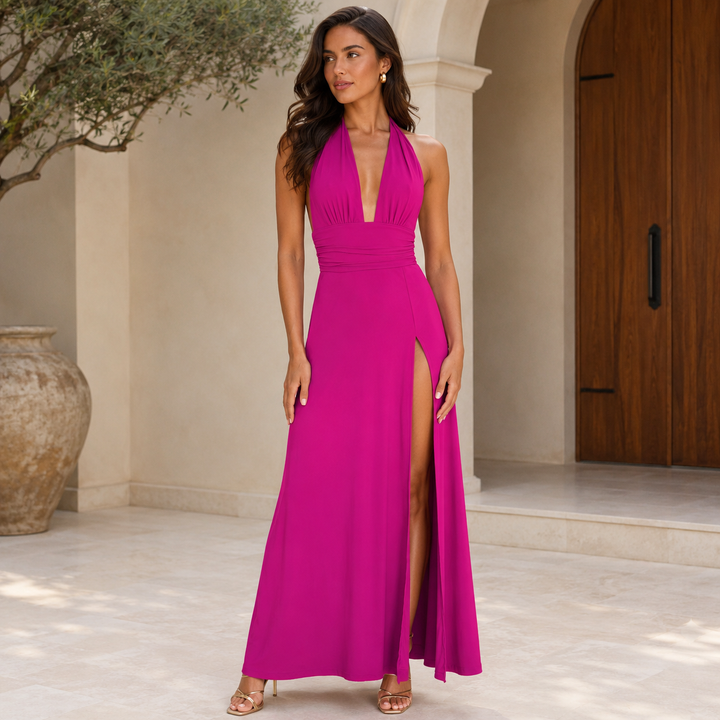 Celeste | Women's Halter Maxi Dress with Side Slit