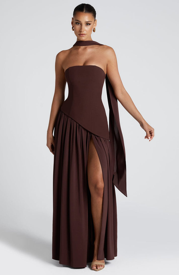 Verity | Women's Strapless Gown with Elegant Neck Scarf