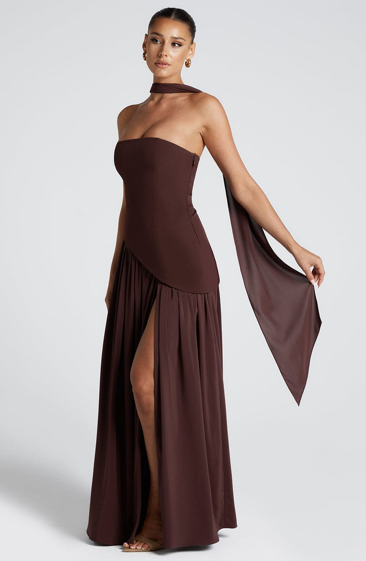 Verity | Women's Strapless Gown with Elegant Neck Scarf