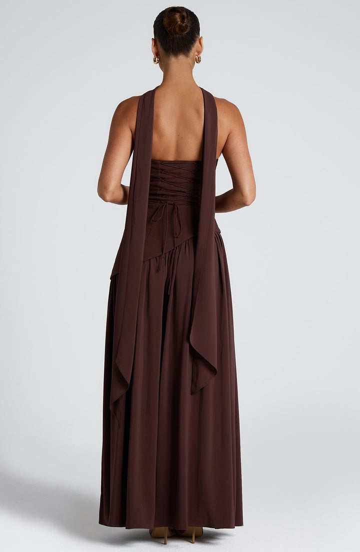 Verity | Women's Strapless Gown with Elegant Neck Scarf