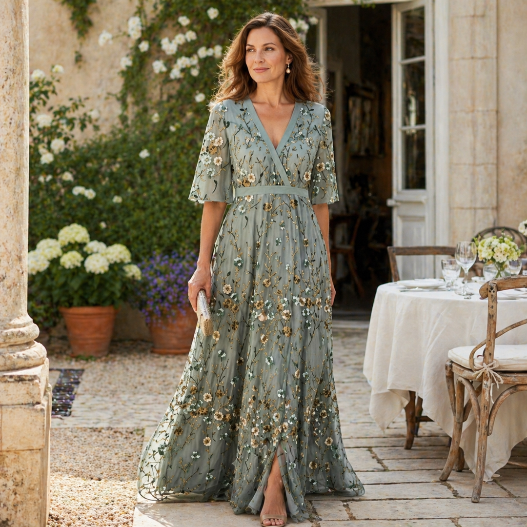 Evadne | Women's Embroidered V-Neck Maxi Dress for Relaxed Occasion Wear
