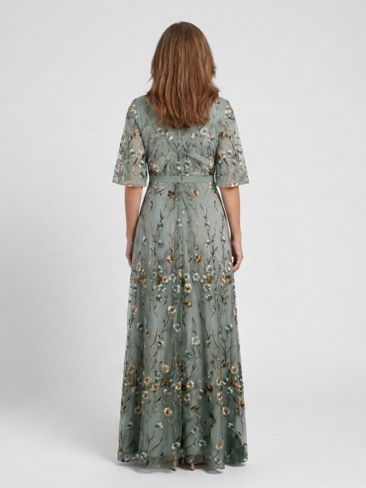 Evadne | Women's Embroidered V-Neck Maxi Dress for Relaxed Occasion Wear