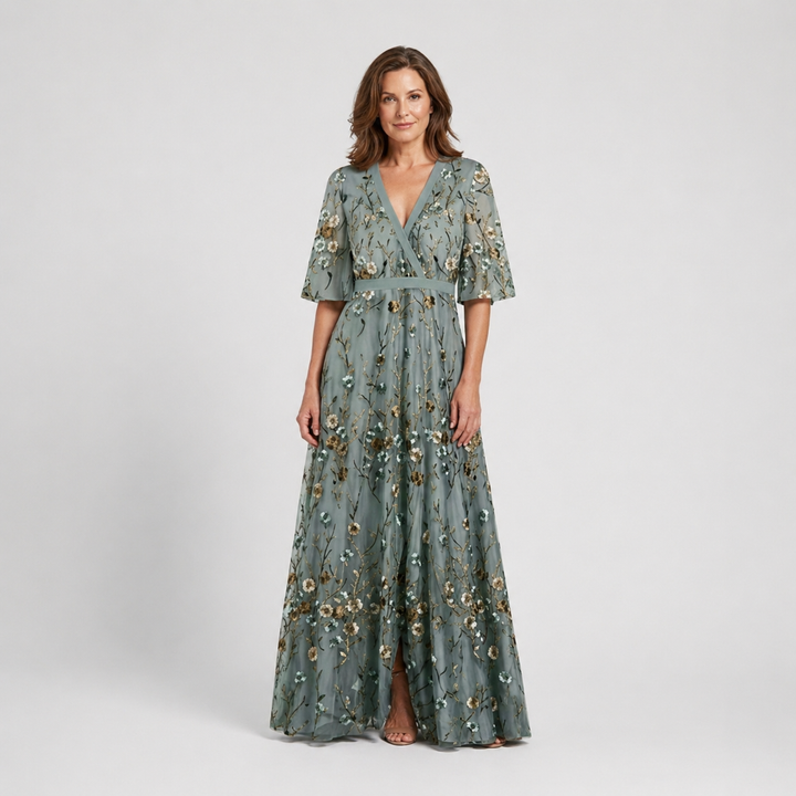 Evadne | Women's Embroidered V-Neck Maxi Dress for Relaxed Occasion Wear