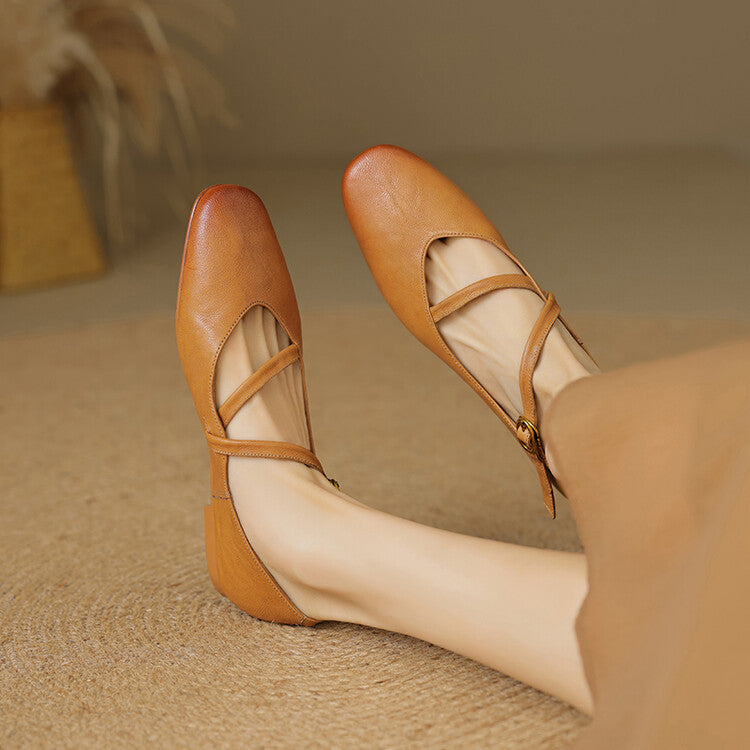 Ottoline | Women's Tan Mary Jane Flats with Buckle Detail