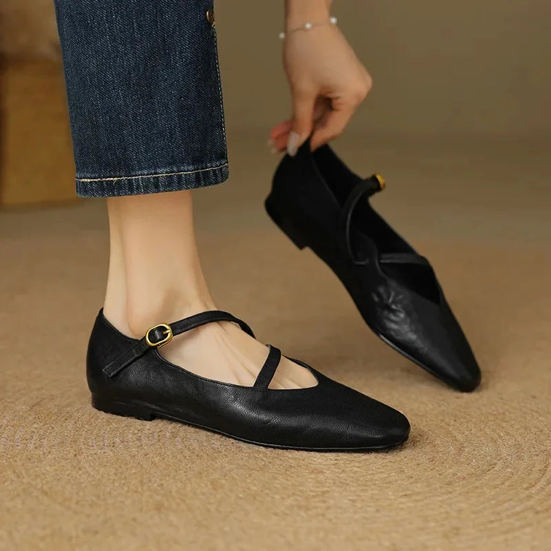 Ottoline | Women's Tan Mary Jane Flats with Buckle Detail