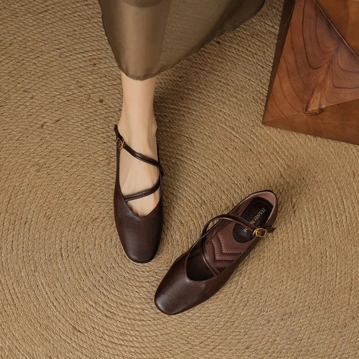 Ottoline | Women's Tan Mary Jane Flats with Buckle Detail