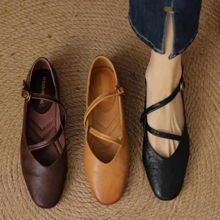 Ottoline | Women's Tan Mary Jane Flats with Buckle Detail