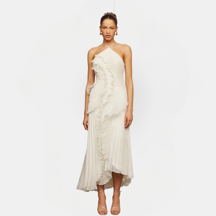 Imogen | Women's Pleated Midi Dress with Ruffle Detail