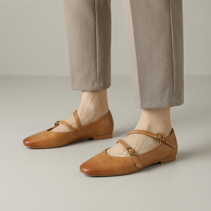 Ottoline | Women's Tan Mary Jane Flats with Buckle Detail