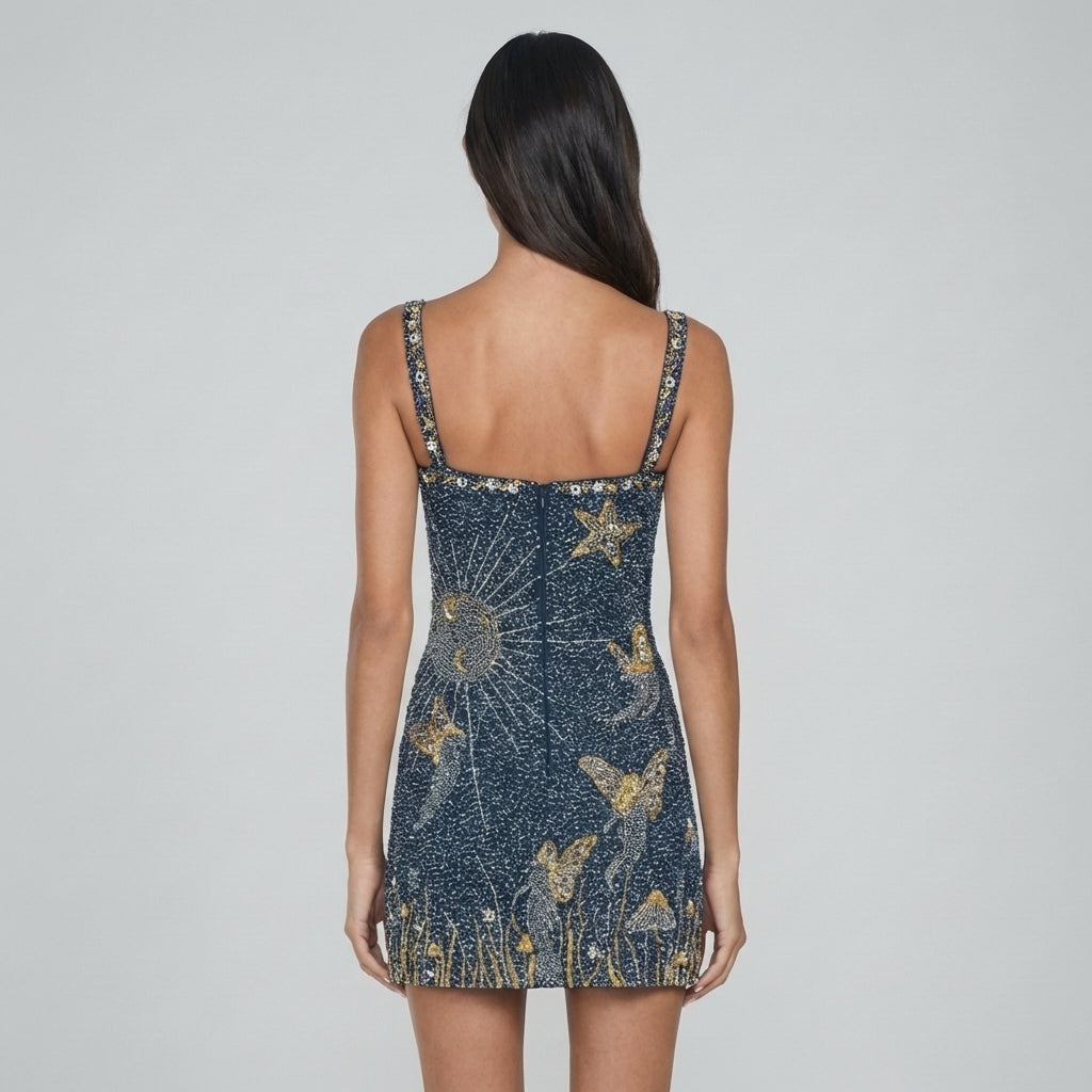 Verity | Women's Embellished Mini Dress with Celestial Motifs