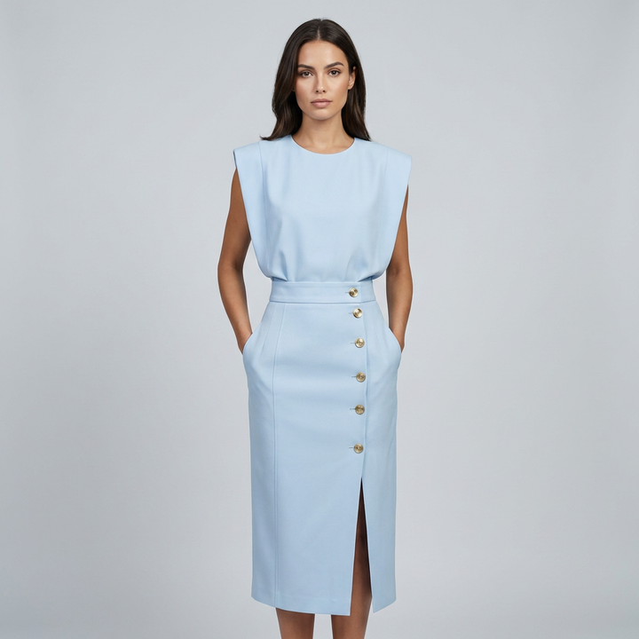 Lunara | Women's Sleeveless Midi Dress with Button Detail