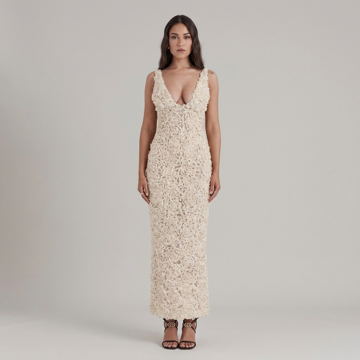 Vivienne | Women's Textured Evening Dress with Floral Detail
