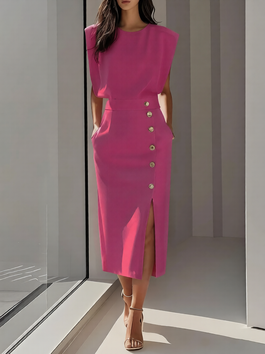 Lunara | Women's Sleeveless Midi Dress with Button Detail