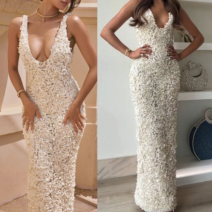 Vivienne | Women's Textured Evening Dress with Floral Detail