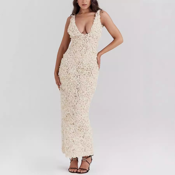 Vivienne | Women's Textured Evening Dress with Floral Detail