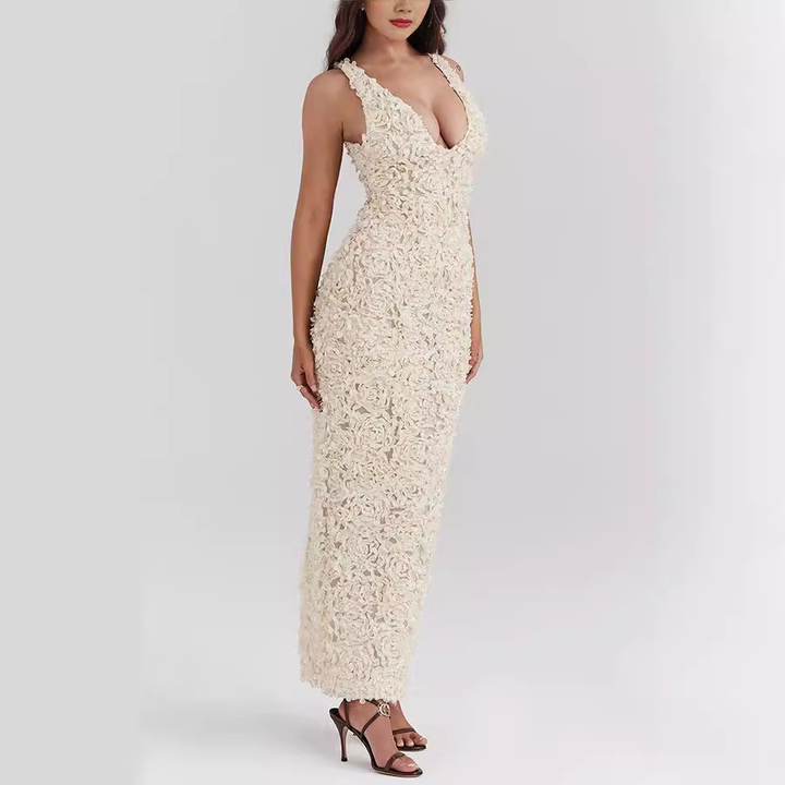 Vivienne | Women's Textured Evening Dress with Floral Detail