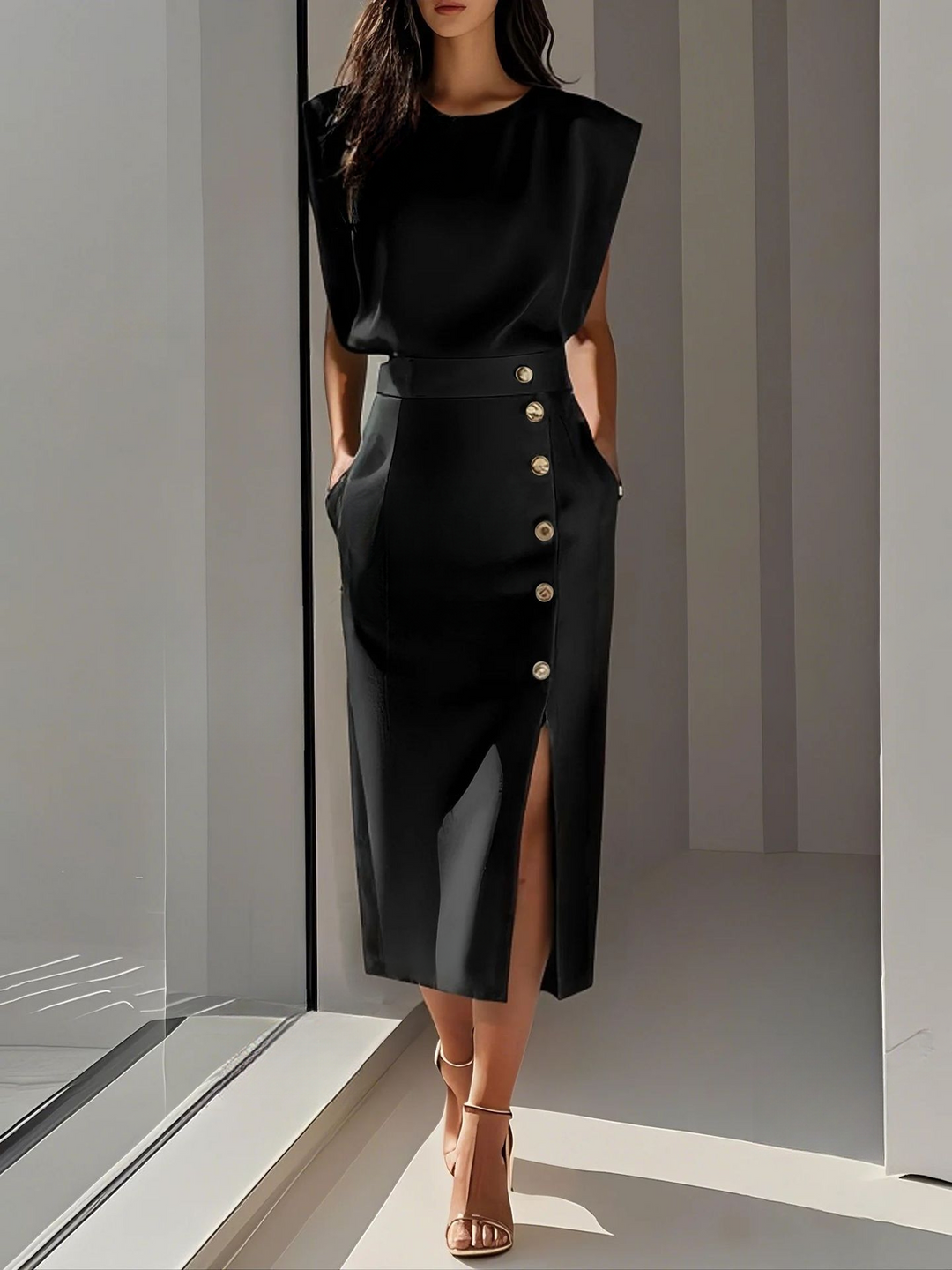 Lunara | Women's Sleeveless Midi Dress with Button Detail