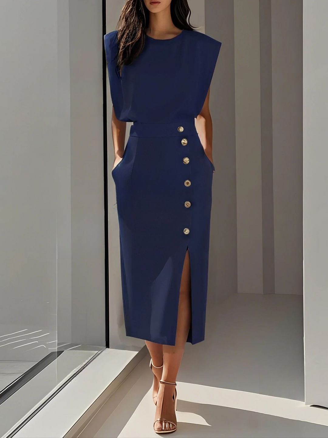 Lunara | Women's Sleeveless Midi Dress with Button Detail
